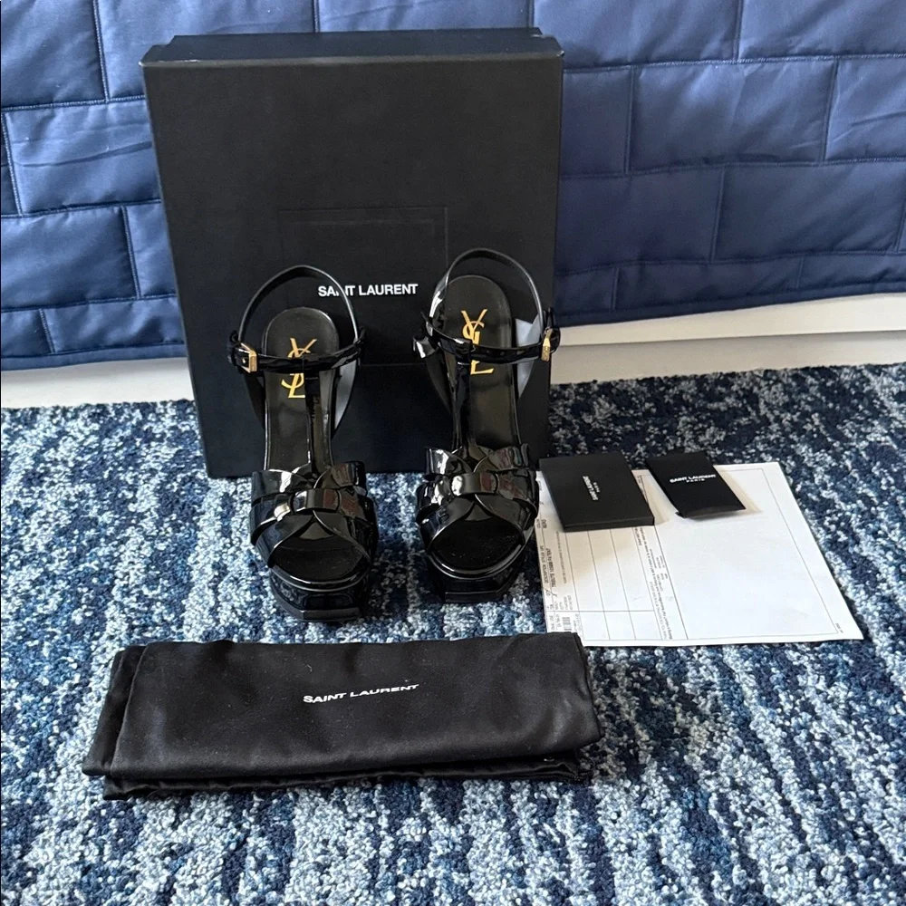 Yves Saint Laurent Women's Tribute Black Patent T-Strap Platform Sandals - Picture 10 of 17